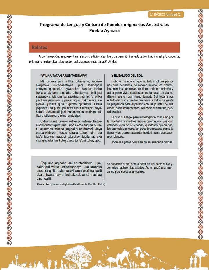 Relato Y el saludo del sol - Lengua y cultura de los pueblos Originarios Ancestrales 1º básico -  Aymara - Unidad 2 Relato Y el saludo del sol - Lengua y cultura de los pueblos Originarios Ancestrales 1º básico -  Aymara - Unidad 2