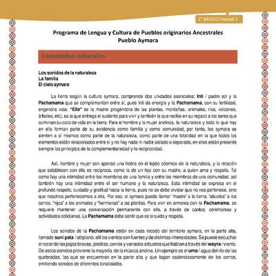 Contenidos culturales - Lengua y cultura de los pueblos Originarios Ancestrales 1º básico -  Aymara - Unidad 2 Contenidos culturales - Lengua y cultura de los pueblos Originarios Ancestrales 1º básico -  Aymara - Unidad 2