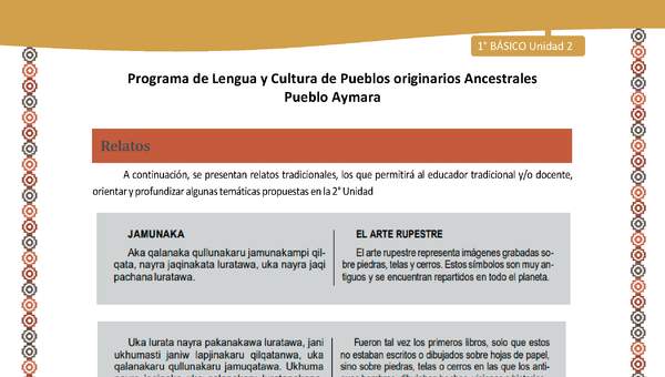 Relato El arte rupestre - Lengua y cultura de los pueblos Originarios Ancestrales 1º básico -  Aymara - Unidad 2 Relato El arte rupestre - Lengua y cultura de los pueblos Originarios Ancestrales 1º básico -  Aymara - Unidad 2
