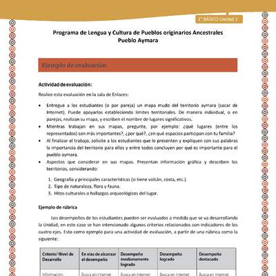 Ejemplo de evaluación - Lengua y cultura de los pueblos Originarios Ancestrales 1º básico -  Aymara - Unidad 2 Ejemplo de evaluación - Lengua y cultura de los pueblos Originarios Ancestrales 1º básico -  Aymara - Unidad 2
