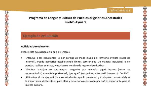 Ejemplo de evaluación - Lengua y cultura de los pueblos Originarios Ancestrales 1º básico -  Aymara - Unidad 2 Ejemplo de evaluación - Lengua y cultura de los pueblos Originarios Ancestrales 1º básico -  Aymara - Unidad 2