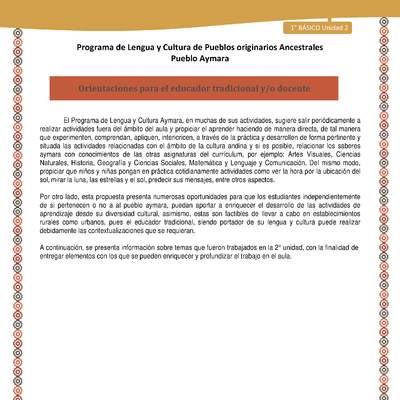 Orientaciones - Lengua y cultura de los pueblos Originarios Ancestrales 1º básico -  Aymara - Unidad 2 Orientaciones - Lengua y cultura de los pueblos Originarios Ancestrales 1º básico -  Aymara - Unidad 2