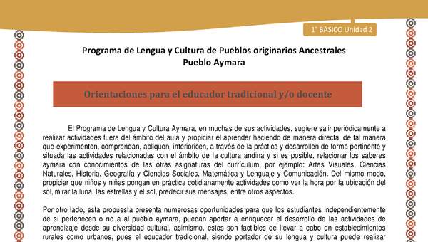 Orientaciones - Lengua y cultura de los pueblos Originarios Ancestrales 1º básico -  Aymara - Unidad 2 Orientaciones - Lengua y cultura de los pueblos Originarios Ancestrales 1º básico -  Aymara - Unidad 2