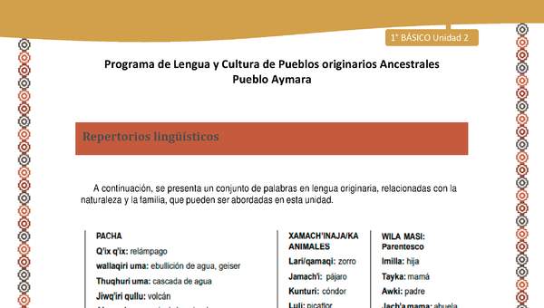 Repertorios lingüísticos - Lengua y cultura de los pueblos Originarios Ancestrales 1º básico -  Aymara - Unidad 2 Repertorios lingüísticos - Lengua y cultura de los pueblos Originarios Ancestrales 1º básico -  Aymara - Unidad 2
