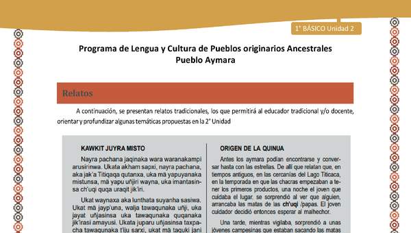Relato Y el origen de la quinua - Lengua y cultura de los pueblos Originarios Ancestrales 1º básico -  Aymara - Unidad 2 Relato Y el origen de la quinua - Lengua y cultura de los pueblos Originarios Ancestrales 1º básico -  Aymara - Unidad 2