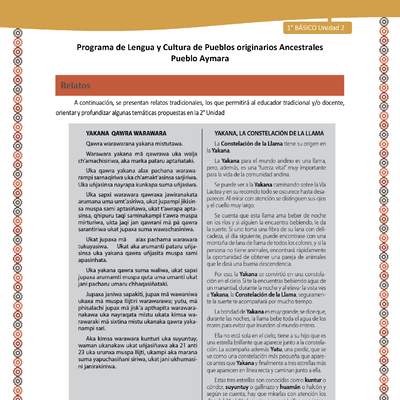 Relato Yakana, la constelación de la llama - Lengua y cultura de los pueblos Originarios Ancestrales 1º básico -  Aymara - Unidad 2 Relato Yakana, la constelación de la llama - Lengua y cultura de los pueblos Originarios Ancestrales 1º básico -  Aymara - Unidad 2