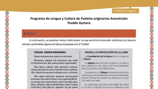 Relato Yakana, la constelación de la llama - Lengua y cultura de los pueblos Originarios Ancestrales 1º básico -  Aymara - Unidad 2 Relato Yakana, la constelación de la llama - Lengua y cultura de los pueblos Originarios Ancestrales 1º básico -  Aymara - Unidad 2