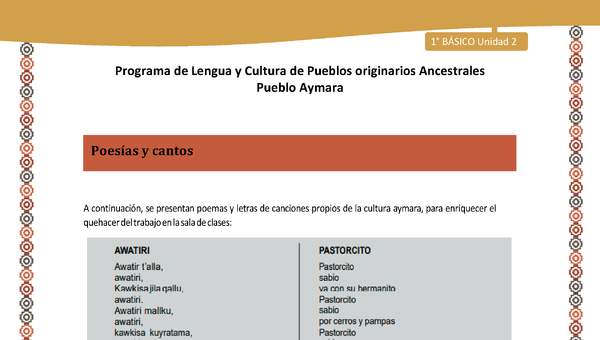 Poesías y cantos - Lengua y cultura de los pueblos Originarios Ancestrales 1º básico -  Aymara - Unidad 2 Poesías y cantos - Lengua y cultura de los pueblos Originarios Ancestrales 1º básico -  Aymara - Unidad 2