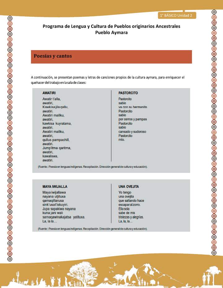Poesías y cantos - Lengua y cultura de los pueblos Originarios Ancestrales 1º básico -  Aymara - Unidad 2 Poesías y cantos - Lengua y cultura de los pueblos Originarios Ancestrales 1º básico -  Aymara - Unidad 2