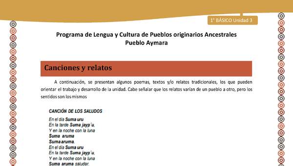 Canciones y relatos - Lengua y cultura de los pueblos Originarios Ancestrales 1º básico -  Aymara - Unidad 3 Canciones y relatos - Lengua y cultura de los pueblos Originarios Ancestrales 1º básico -  Aymara - Unidad 3