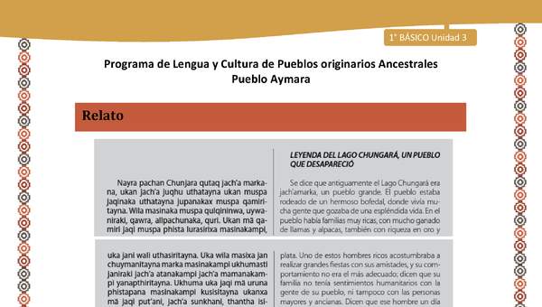 Relato Leyenda del lago Chungará - Lengua y cultura de los pueblos Originarios Ancestrales 1º básico -  Aymara - Unidad 3 Relato Leyenda del lago Chungará - Lengua y cultura de los pueblos Originarios Ancestrales 1º básico -  Aymara - Unidad 3