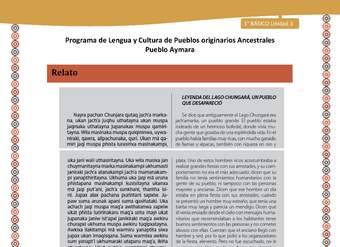 Relato Leyenda del lago Chungará - Lengua y cultura de los pueblos Originarios Ancestrales 1º básico -  Aymara - Unidad 3 Relato Leyenda del lago Chungará - Lengua y cultura de los pueblos Originarios Ancestrales 1º básico -  Aymara - Unidad 3