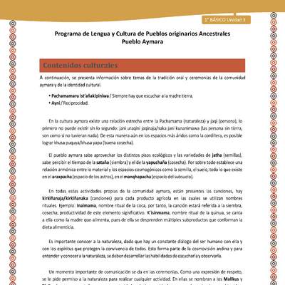Contenidos culturales - Lengua y cultura de los pueblos Originarios Ancestrales 1º básico -  Aymara - Unidad 3 Contenidos culturales - Lengua y cultura de los pueblos Originarios Ancestrales 1º básico -  Aymara - Unidad 3