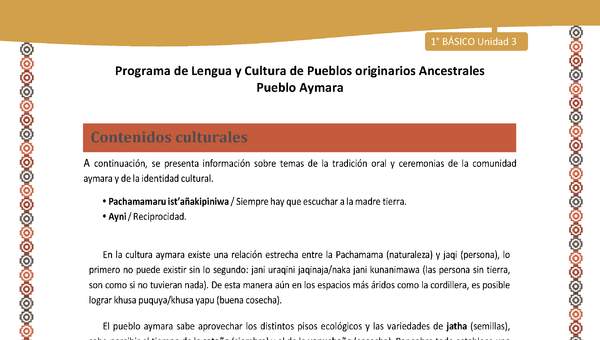 Contenidos culturales - Lengua y cultura de los pueblos Originarios Ancestrales 1º básico -  Aymara - Unidad 3 Contenidos culturales - Lengua y cultura de los pueblos Originarios Ancestrales 1º básico -  Aymara - Unidad 3