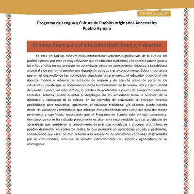 Orientaciones - Lengua y cultura de los pueblos Originarios Ancestrales 1º básico -  Aymara - Unidad 3 Orientaciones - Lengua y cultura de los pueblos Originarios Ancestrales 1º básico -  Aymara - Unidad 3