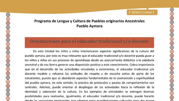 Orientaciones - Lengua y cultura de los pueblos Originarios Ancestrales 1º básico -  Aymara - Unidad 3 Orientaciones - Lengua y cultura de los pueblos Originarios Ancestrales 1º básico -  Aymara - Unidad 3