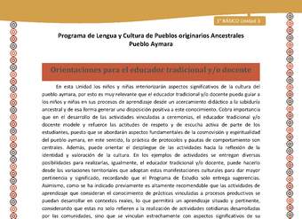 Orientaciones - Lengua y cultura de los pueblos Originarios Ancestrales 1º básico -  Aymara - Unidad 3 Orientaciones - Lengua y cultura de los pueblos Originarios Ancestrales 1º básico -  Aymara - Unidad 3