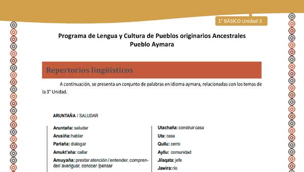 Repertorios lingüísticos - Lengua y cultura de los pueblos Originarios Ancestrales 1º básico -  Aymara - Unidad 3 Repertorios lingüísticos - Lengua y cultura de los pueblos Originarios Ancestrales 1º básico -  Aymara - Unidad 3