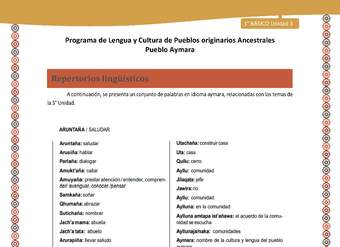 Repertorios lingüísticos - Lengua y cultura de los pueblos Originarios Ancestrales 1º básico -  Aymara - Unidad 3 Repertorios lingüísticos - Lengua y cultura de los pueblos Originarios Ancestrales 1º básico -  Aymara - Unidad 3