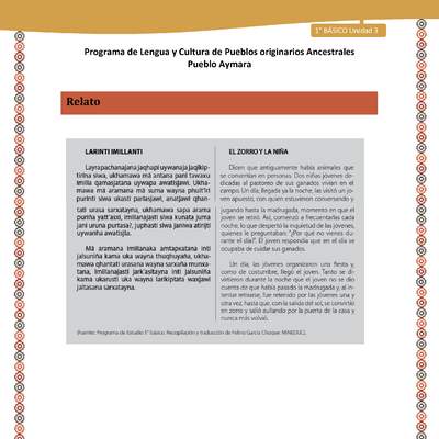 Relato El zorro y la niña - Lengua y cultura de los pueblos Originarios Ancestrales 1º básico -  Aymara - Unidad 3 Relato El zorro y la niña - Lengua y cultura de los pueblos Originarios Ancestrales 1º básico -  Aymara - Unidad 3