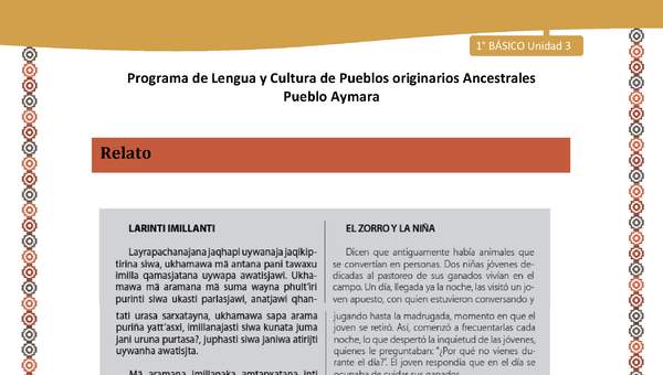 Relato El zorro y la niña - Lengua y cultura de los pueblos Originarios Ancestrales 1º básico -  Aymara - Unidad 3