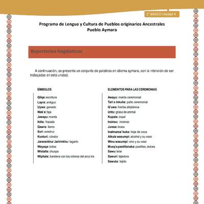 Orientaciones al docente - LC01 - Aymara - U04 - Repertorio Lingüístico Orientaciones al docente - LC01 - Aymara - U04 - Repertorio Lingüístico