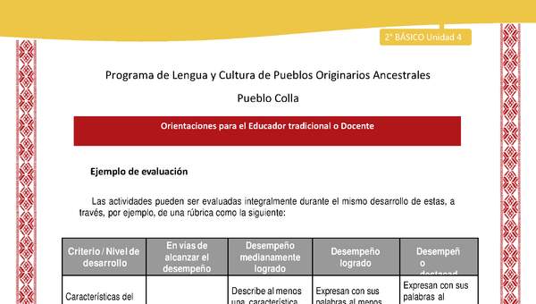 Orientaciones al docente - LC02 - Colla - U4 - Ejemplo de evaluación Orientaciones al docente - LC02 - Colla - U4 - Ejemplo de evaluación