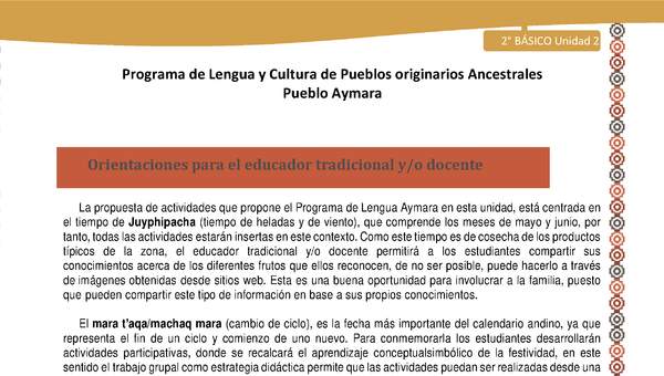 Orientaciones al docente - LC02 - Aymara - U01 - Introducción Orientaciones al docente - LC02 - Aymara - U01 - Introducción