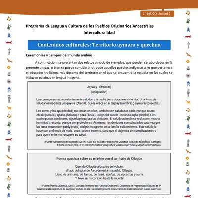 Contenidos culturales: Territorio aymara y quechua Contenidos culturales: Territorio aymara y quechua