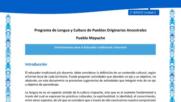 Orientaciones al docente - LC01 - Mapuche - U1 - Introducción Orientaciones al docente - LC01 - Mapuche - U1 - Introducción