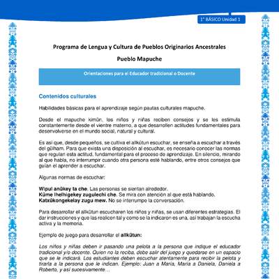 Orientaciones al docente - LC01 - Mapuche - U1 - Contenidos culturales Orientaciones al docente - LC01 - Mapuche - U1 - Contenidos culturales