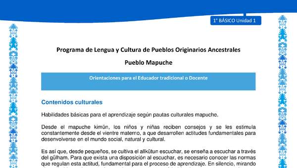 Orientaciones al docente - LC01 - Mapuche - U1 - Contenidos culturales Orientaciones al docente - LC01 - Mapuche - U1 - Contenidos culturales