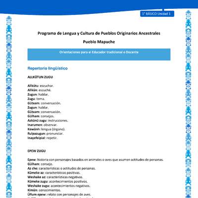 Orientaciones al docente - LC01 - Mapuche - U1 - Repertorio lingüístico Orientaciones al docente - LC01 - Mapuche - U1 - Repertorio lingüístico