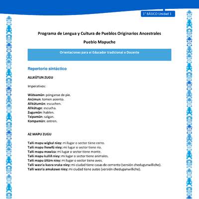 Orientaciones al docente - LC01 - Mapuche - U1 - Repertorio sintáctico Orientaciones al docente - LC01 - Mapuche - U1 - Repertorio sintáctico