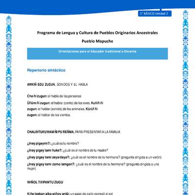 Orientaciones al docente - LC01 - Mapuche - U2 - Repertorio sintáctico Orientaciones al docente - LC01 - Mapuche - U2 - Repertorio sintáctico