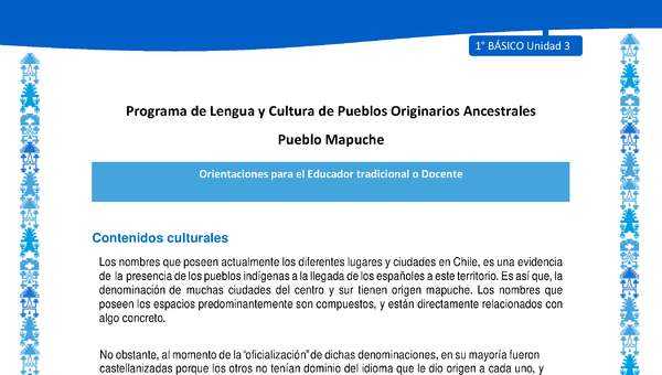 Orientaciones al docente - LC01 - Mapuche - U3 - Contenidos culturales Orientaciones al docente - LC01 - Mapuche - U3 - Contenidos culturales