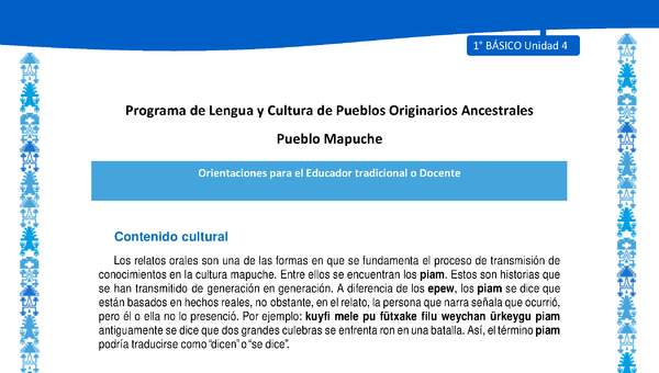 Orientaciones al docente - LC01 - Mapuche - U4 - Contenido cultural Orientaciones al docente - LC01 - Mapuche - U4 - Contenido cultural