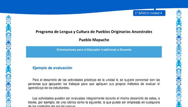 Orientaciones al docente - LC01 - Mapuche - U4 - Ejemplo de evaluación Orientaciones al docente - LC01 - Mapuche - U4 - Ejemplo de evaluación