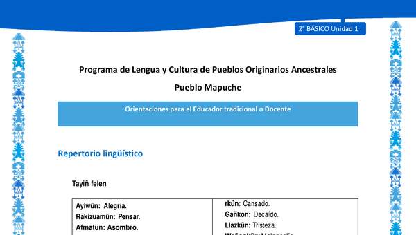 Orientaciones al docente - LC02 - Mapuche - U1 - Repertorio lingüístico Orientaciones al docente - LC02 - Mapuche - U1 - Repertorio lingüístico