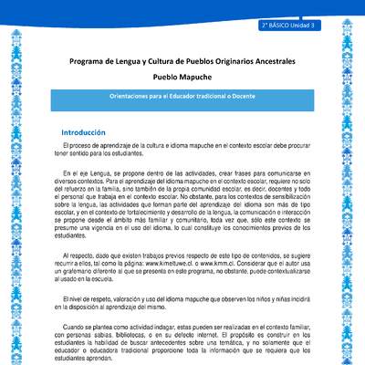 Orientaciones al docente - LC02 - Mapuche - U3 - Introducción Orientaciones al docente - LC02 - Mapuche - U3 - Introducción