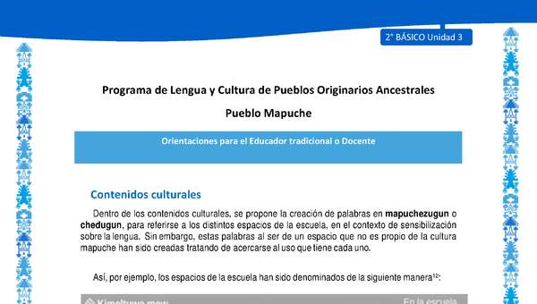 Orientaciones al docente - LC02 - Mapuche - U3 - Contenidos culturales Orientaciones al docente - LC02 - Mapuche - U3 - Contenidos culturales