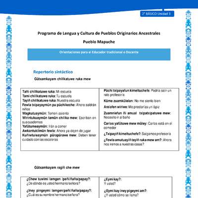 Orientaciones al docente - LC02 - Mapuche - U3 - Repertorio sintáctico Orientaciones al docente - LC02 - Mapuche - U3 - Repertorio sintáctico