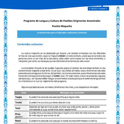 Orientaciones al docente - LC02 - Mapuche - U4 - Contenidos culturales Orientaciones al docente - LC02 - Mapuche - U4 - Contenidos culturales