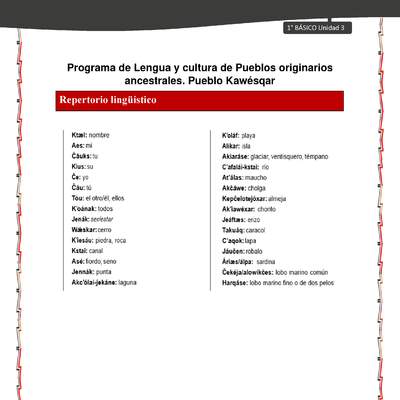 Orientaciones al docente - LC01 - Kawésqar - U3 - Repertorio lingüístico Orientaciones al docente - LC01 - Kawésqar - U3 - Repertorio lingüístico