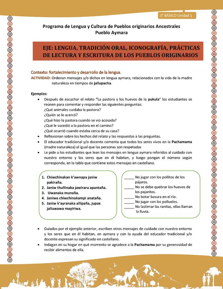 06-Actividad Sugerida LC03 U01-LF01-Ordenan mensajes y o dichos en lengua aymara, relacionados con la vida de la madre naturaleza en tiempos de jallupacha. 06-Actividad Sugerida LC03 U01-LF01-Ordenan mensajes y o dichos en lengua aymara, relacionados con la vida de la madre naturaleza en tiempos de jallupacha.