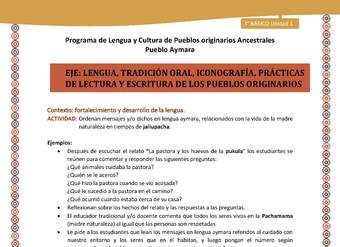 06-Actividad Sugerida LC03 U01-LF01-Ordenan mensajes y o dichos en lengua aymara, relacionados con la vida de la madre naturaleza en tiempos de jallupacha. 06-Actividad Sugerida LC03 U01-LF01-Ordenan mensajes y o dichos en lengua aymara, relacionados con la vida de la madre naturaleza en tiempos de jallupacha.