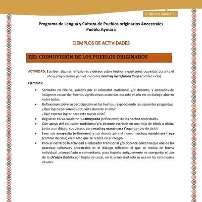 16-Actividad Sugerida LC03-U02-OA11-Escriben algunas reflexiones y deseos sobre hechos importantes ocurridos durante el año y proyecciones para el inicio del machaq mara/mara t’aqa (cambio ciclo). 16-Actividad Sugerida LC03-U02-OA11-Escriben algunas reflexiones y deseos sobre hechos importantes ocurridos durante el año y proyecciones para el inicio del machaq mara/mara t’aqa (cambio ciclo).