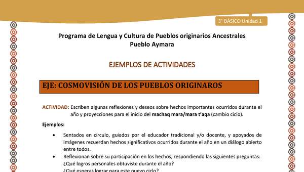 16-Actividad Sugerida LC03-U02-OA11-Escriben algunas reflexiones y deseos sobre hechos importantes ocurridos durante el año y proyecciones para el inicio del machaq mara/mara t’aqa (cambio ciclo). 16-Actividad Sugerida LC03-U02-OA11-Escriben algunas reflexiones y deseos sobre hechos importantes ocurridos durante el año y proyecciones para el inicio del machaq mara/mara t’aqa (cambio ciclo).