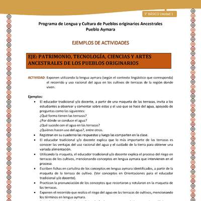 19-Actividad Sugerida LC03-U02-OA13-Exponen utilizando la lengua aymara (según el contexto lingüístico que corresponda) el recorrido y uso racional del agua en los cultivos de terrazas de la región donde viven. 19-Actividad Sugerida LC03-U02-OA13-Exponen utilizando la lengua aymara (según el contexto lingüístico que corresponda) el recorrido y uso racional del agua en los cultivos de terrazas de la región donde viven.