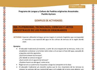 19-Actividad Sugerida LC03-U02-OA13-Exponen utilizando la lengua aymara (según el contexto lingüístico que corresponda) el recorrido y uso racional del agua en los cultivos de terrazas de la región donde viven. 19-Actividad Sugerida LC03-U02-OA13-Exponen utilizando la lengua aymara (según el contexto lingüístico que corresponda) el recorrido y uso racional del agua en los cultivos de terrazas de la región donde viven.